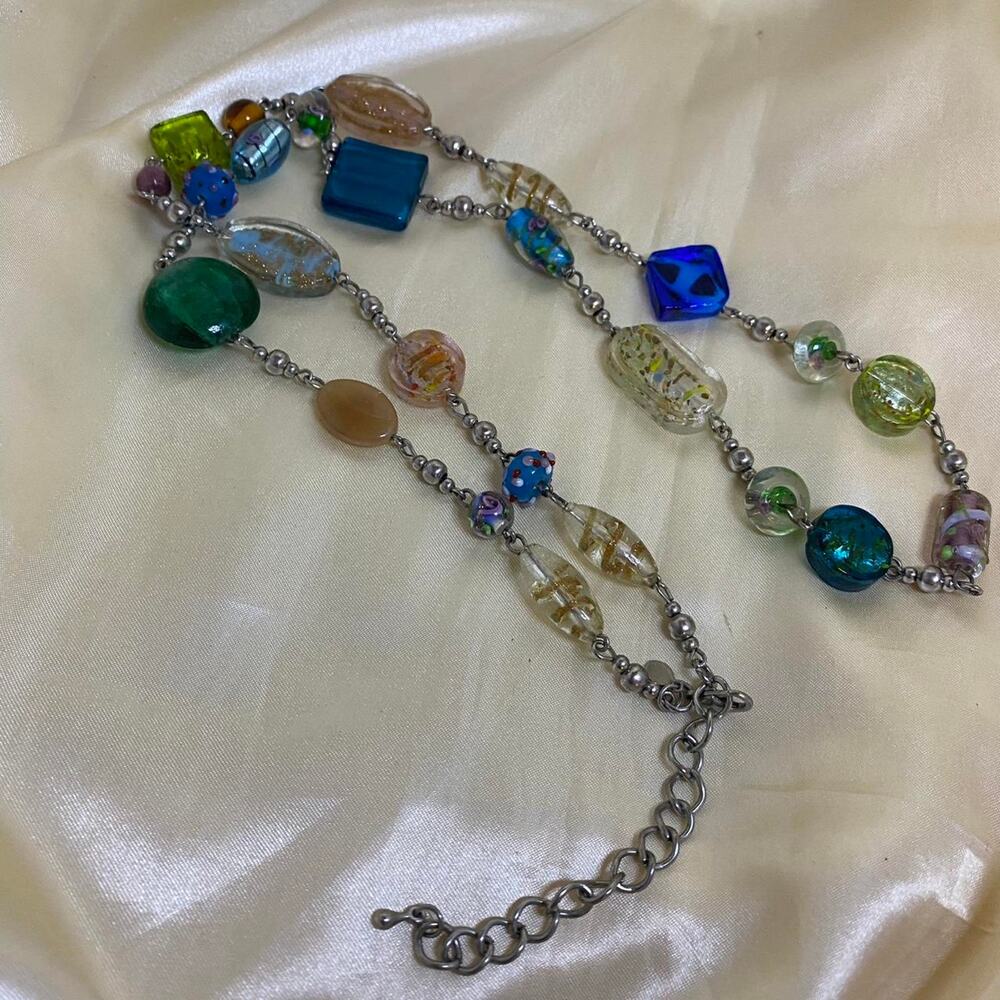 Vintage Lamp work Blown Glass Bead Necklace Foil Accents Colorful Art  Necklace